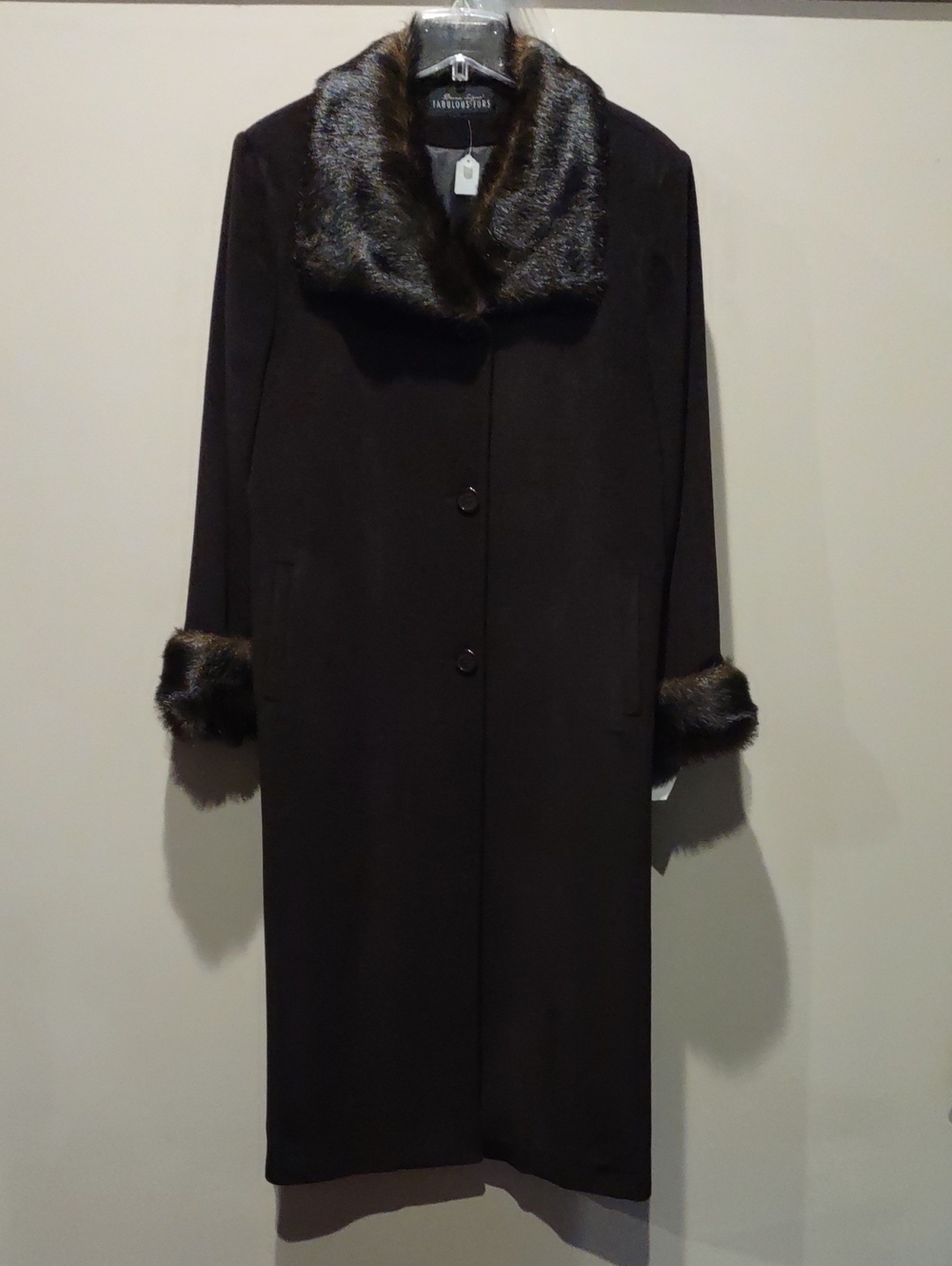 Long Brown Cashmere Blend Coat with faux fur trim M-L - Picture 2 of 16